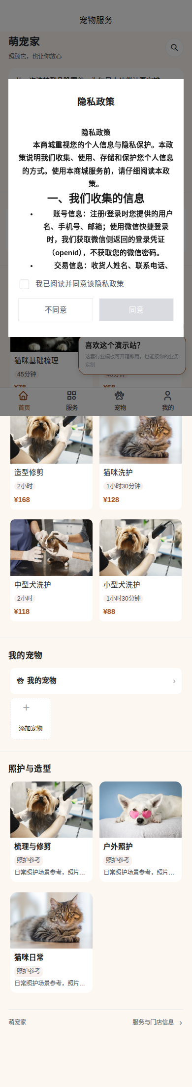 演示站首页：顶部导航、搜索与商品或服务瀑布流